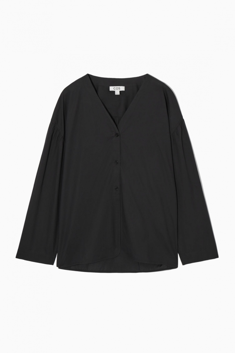 Camisas COS Voluminous V-Neck Poplin Mujer Negras España Rebajas 075YLGOBZ