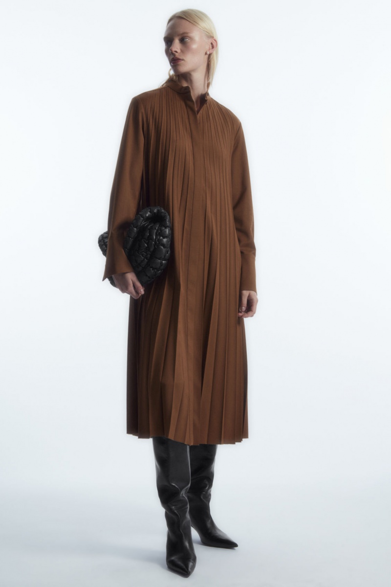 Vestido COS Plisado Lana-Blend Mujer Marrones España Rebajas 875EWDGIY
